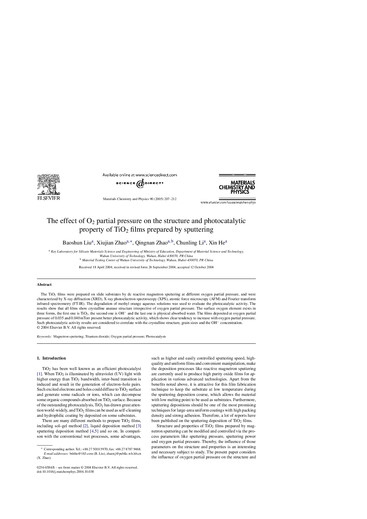 The effect of O2 partial pressure on the structure and photocatalytic property of TiO2 films prepared by sputtering