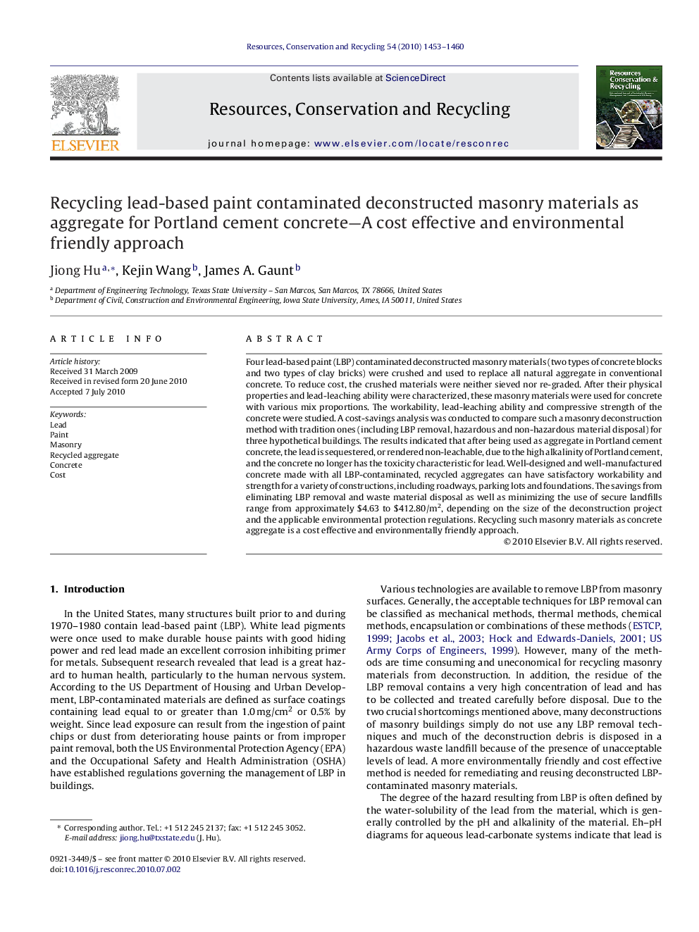 Recycling lead-based paint contaminated deconstructed masonry materials as aggregate for Portland cement concrete-A cost effective and environmental friendly approach