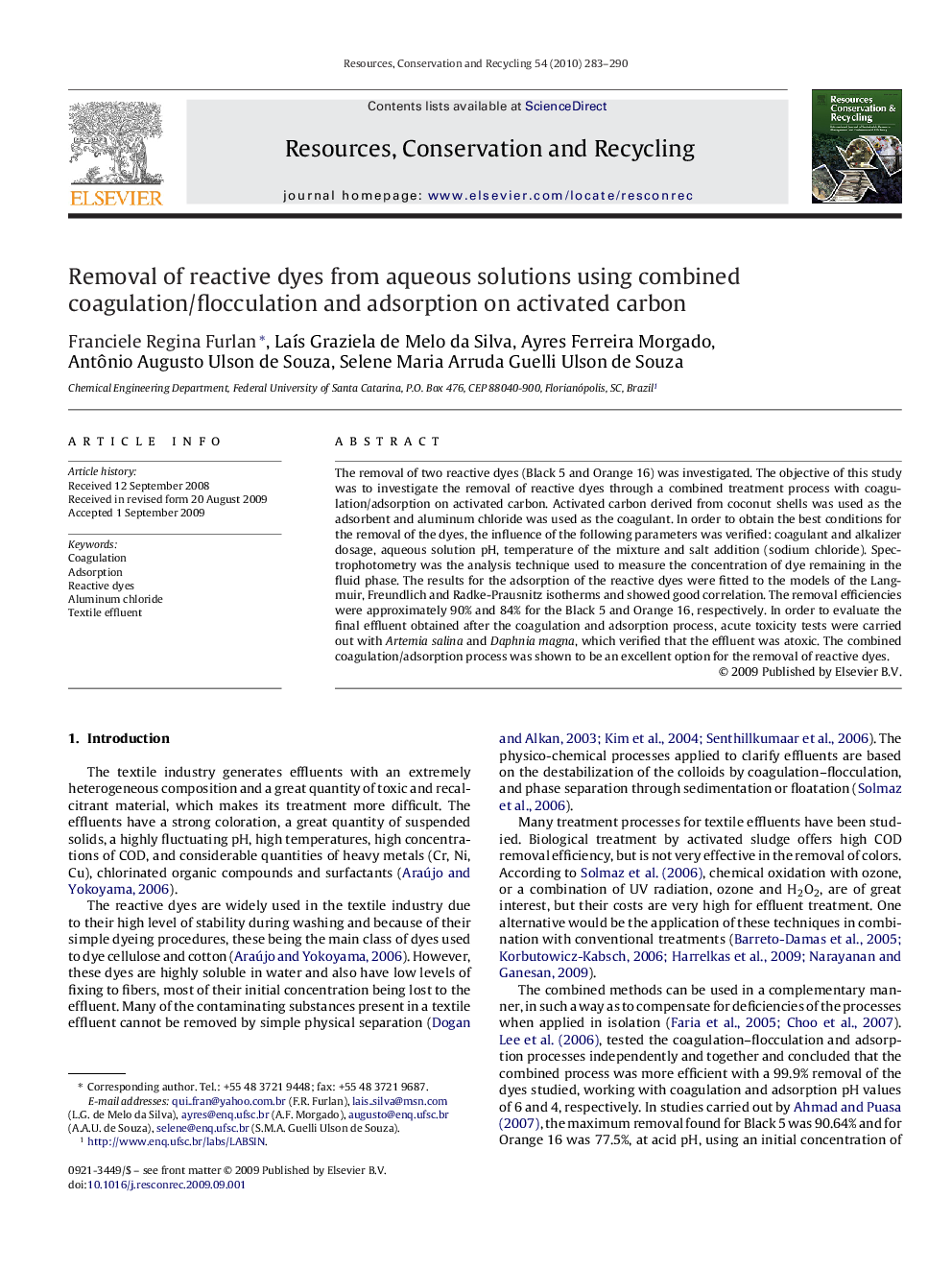 Removal of reactive dyes from aqueous solutions using combined coagulation/flocculation and adsorption on activated carbon