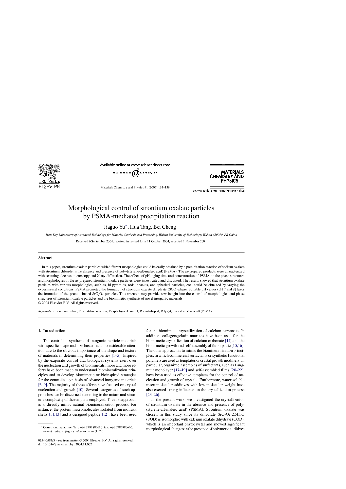 Morphological control of strontium oxalate particles by PSMA-mediated precipitation reaction