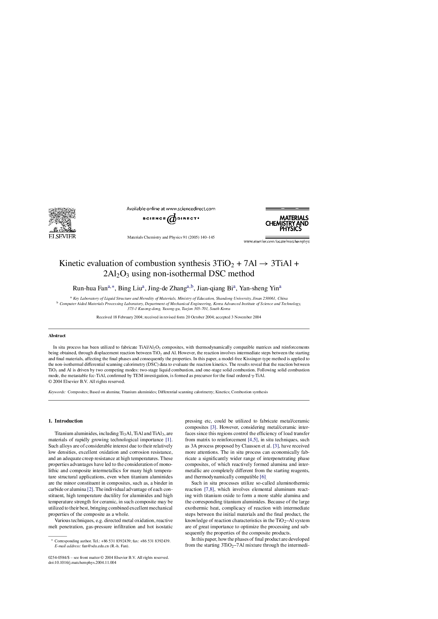 عکس صفحه اول مقاله: Kinetic evaluation of combustion synthesis 3TiO2 + 7Al â 3TiAl + 2Al2O3 using non-isothermal DSC method Kinetic evaluation of combustion synthesis 3TiO2 + 7Al â 3TiAl + 2Al2O3 using non-isothermal DSC method