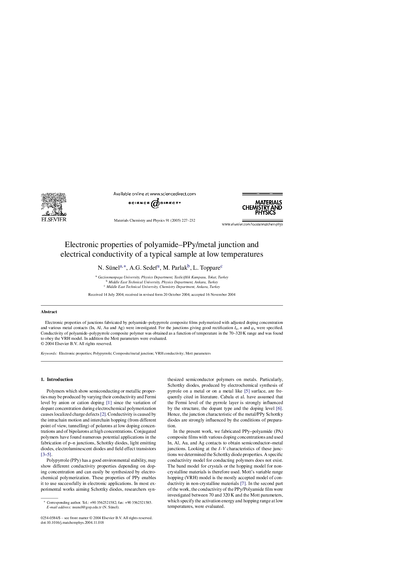 Electronic properties of polyamide-PPy/metal junction and electrical conductivity of a typical sample at low temperatures