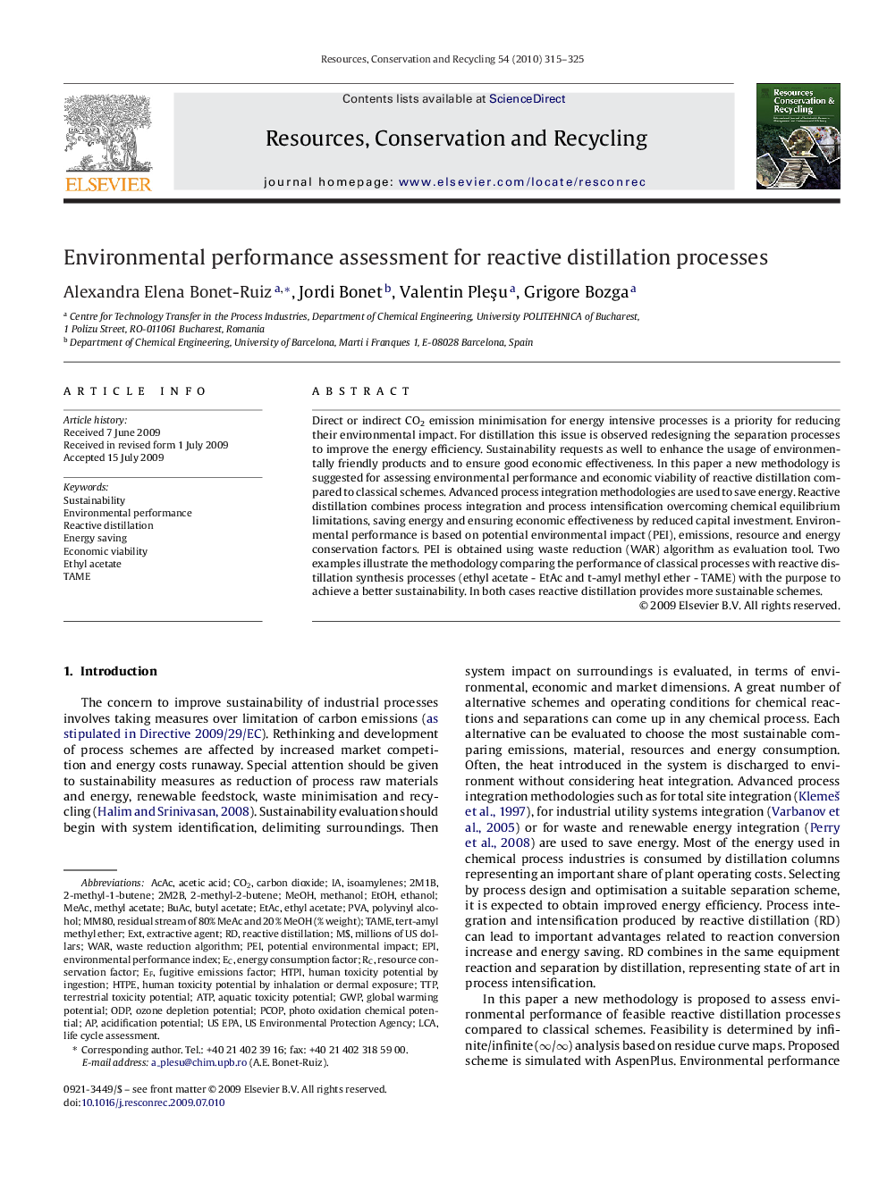 Environmental performance assessment for reactive distillation processes