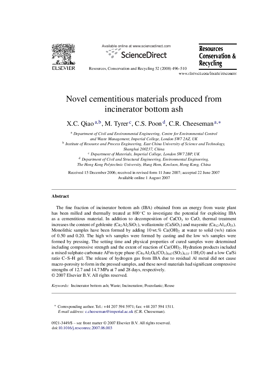 Novel cementitious materials produced from incinerator bottom ash