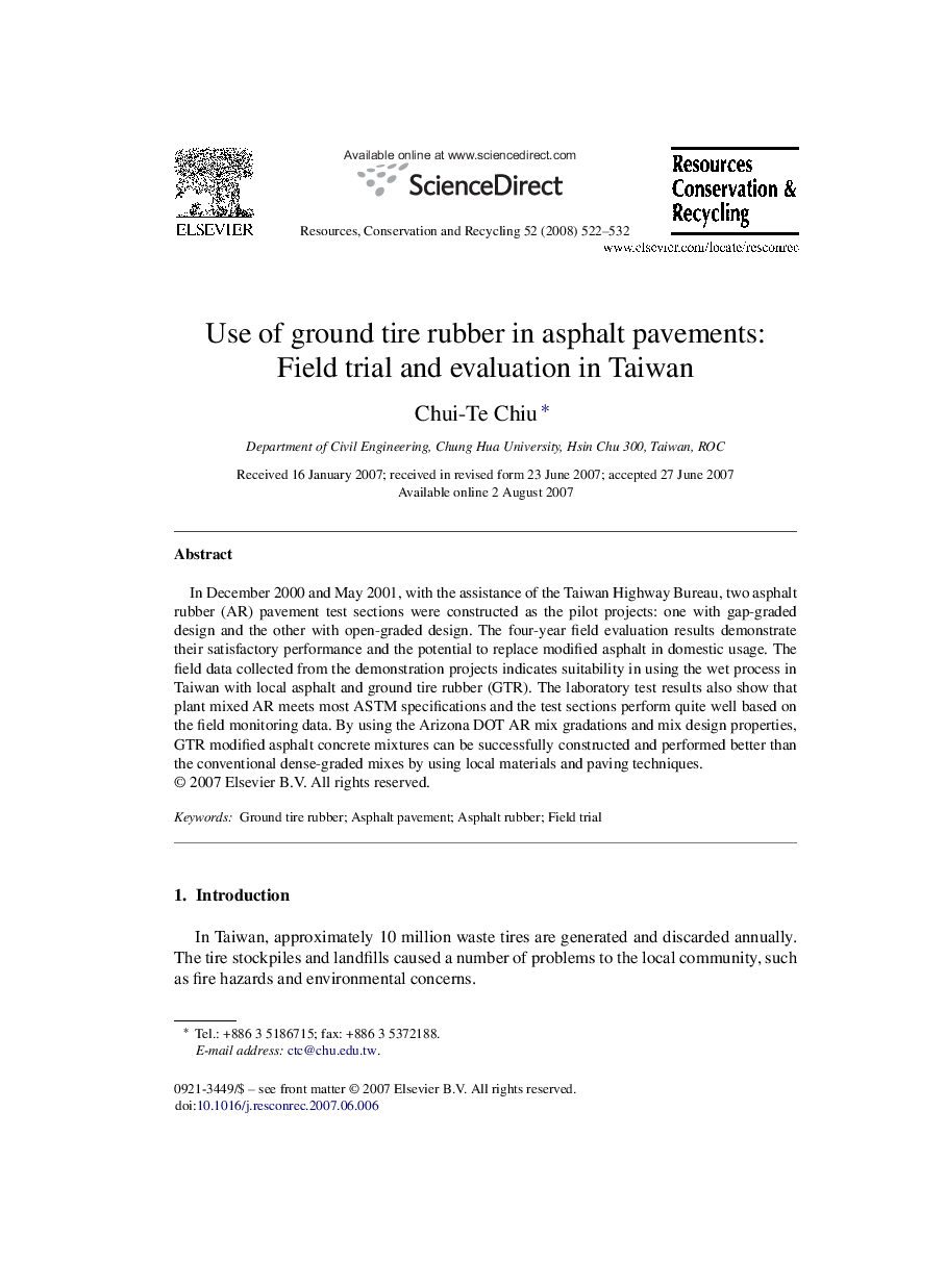 Use of ground tire rubber in asphalt pavements: Field trial and evaluation in Taiwan