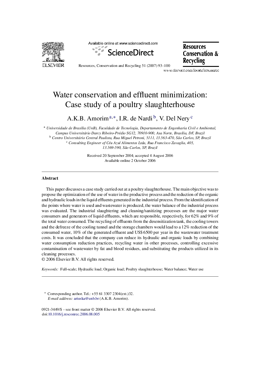 Water conservation and effluent minimization: Case study of a poultry slaughterhouse