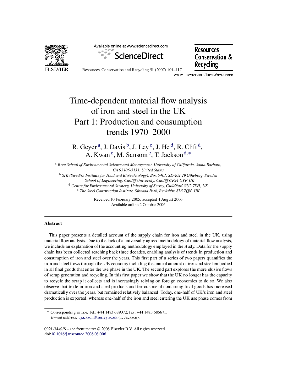 Time-dependent material ﬂow analysis of iron and steel in the UK: Part 1: Production and consumption trends 1970–2000