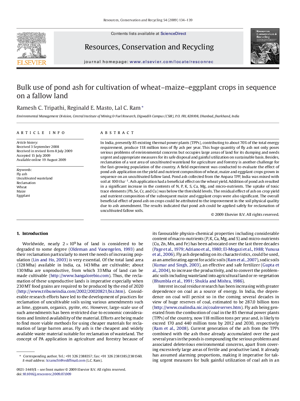 Bulk use of pond ash for cultivation of wheat–maize–eggplant crops in sequence on a fallow land