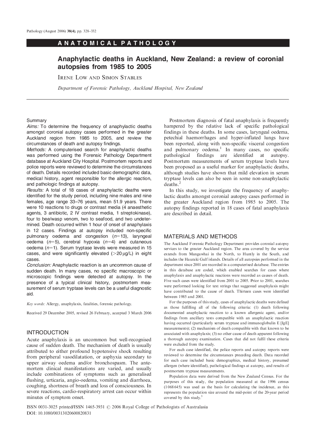 Anaphylactic deaths in Auckland, New Zealand: a review of coronial autopsies from 1985 to 2005