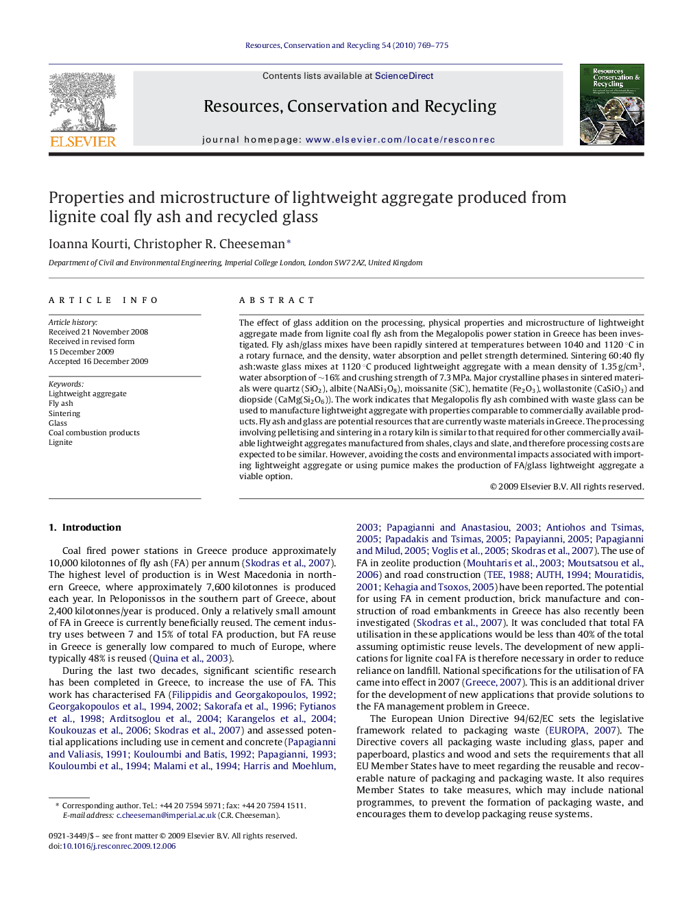 Properties and microstructure of lightweight aggregate produced from lignite coal fly ash and recycled glass