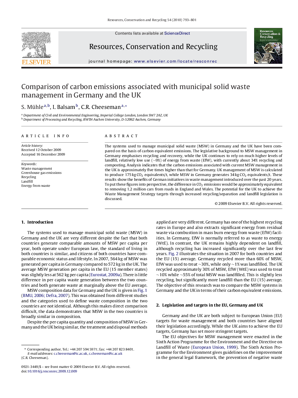 Comparison of carbon emissions associated with municipal solid waste management in Germany and the UK