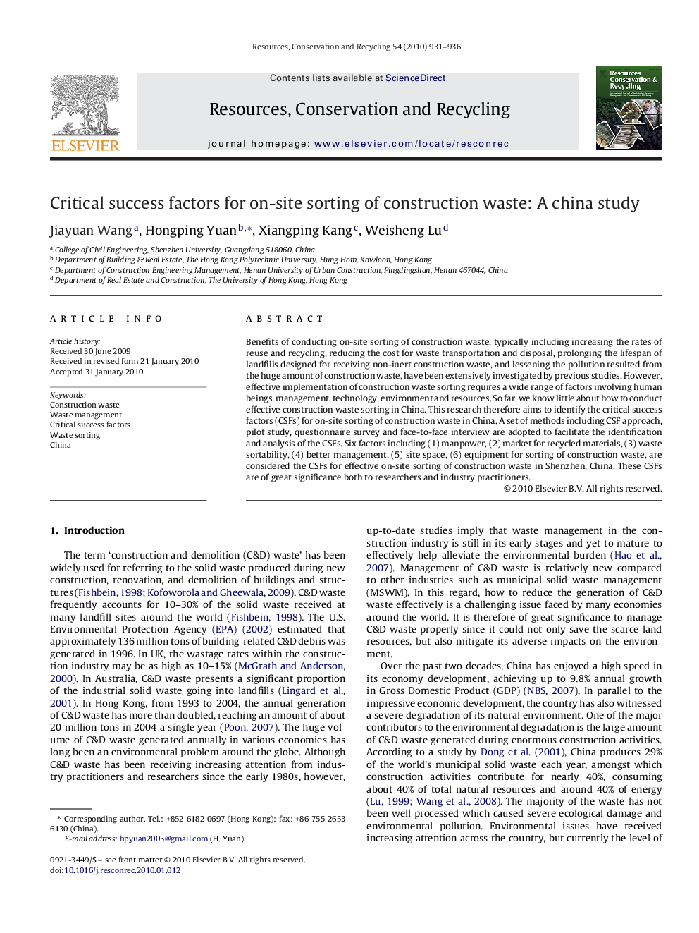 Critical success factors for on-site sorting of construction waste: A china study