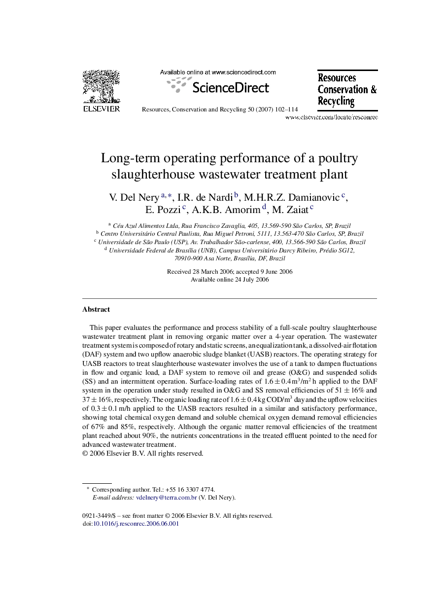 Long-term operating performance of a poultry slaughterhouse wastewater treatment plant