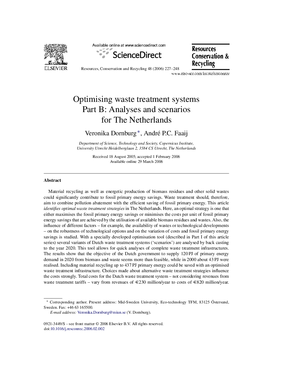 Optimising waste treatment systems: Part B: Analyses and scenarios for The Netherlands