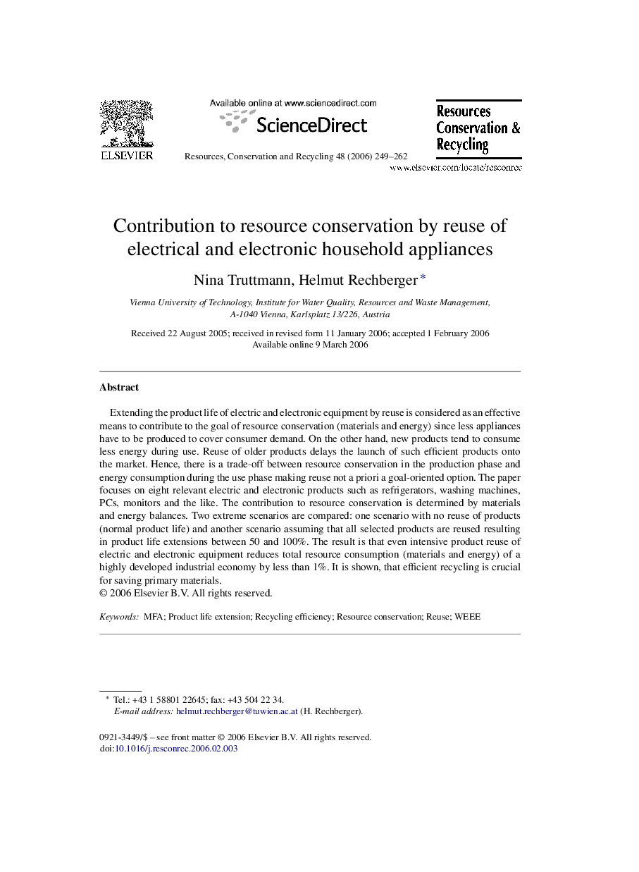 Contribution to resource conservation by reuse of electrical and electronic household appliances