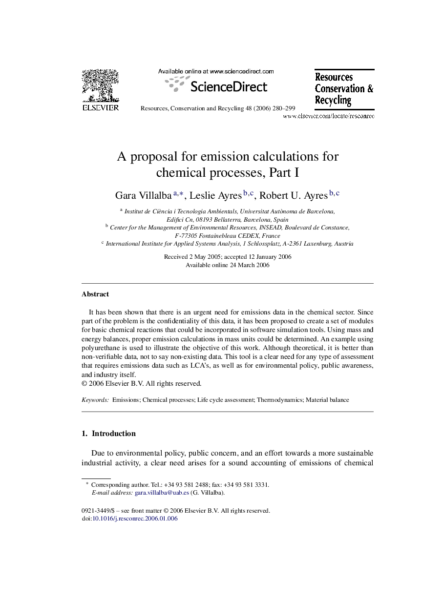 A proposal for emission calculations for chemical processes, Part I