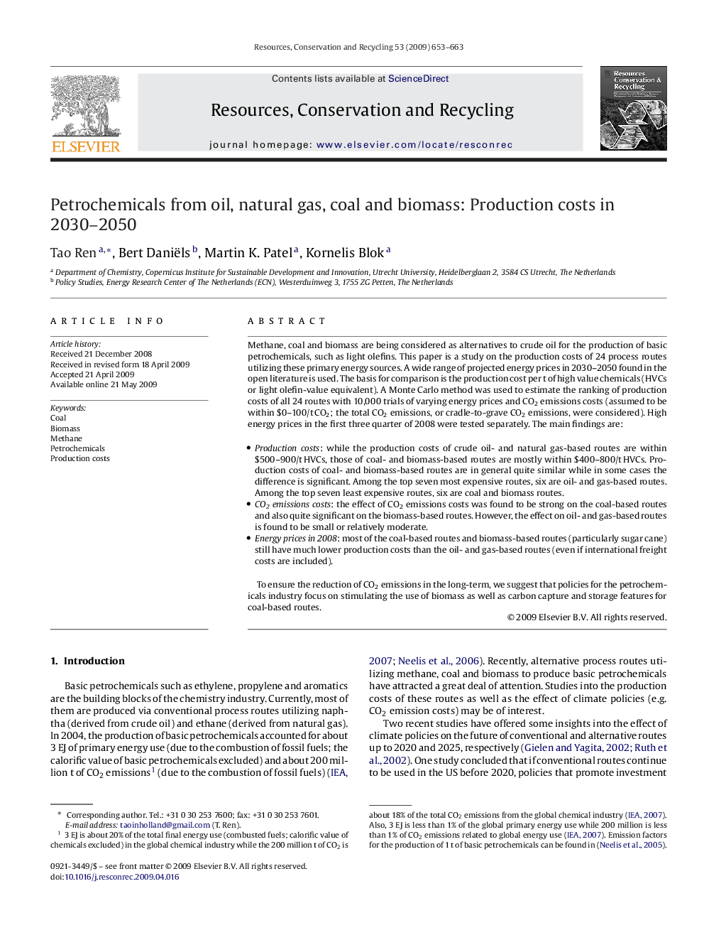 Petrochemicals from oil, natural gas, coal and biomass: Production costs in 2030–2050