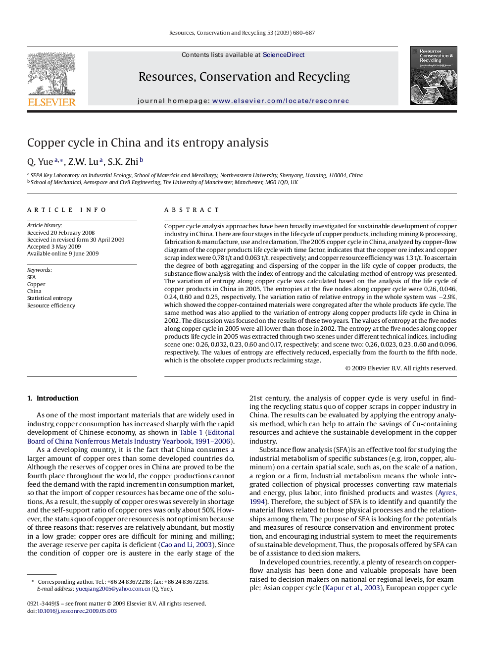 Copper cycle in China and its entropy analysis