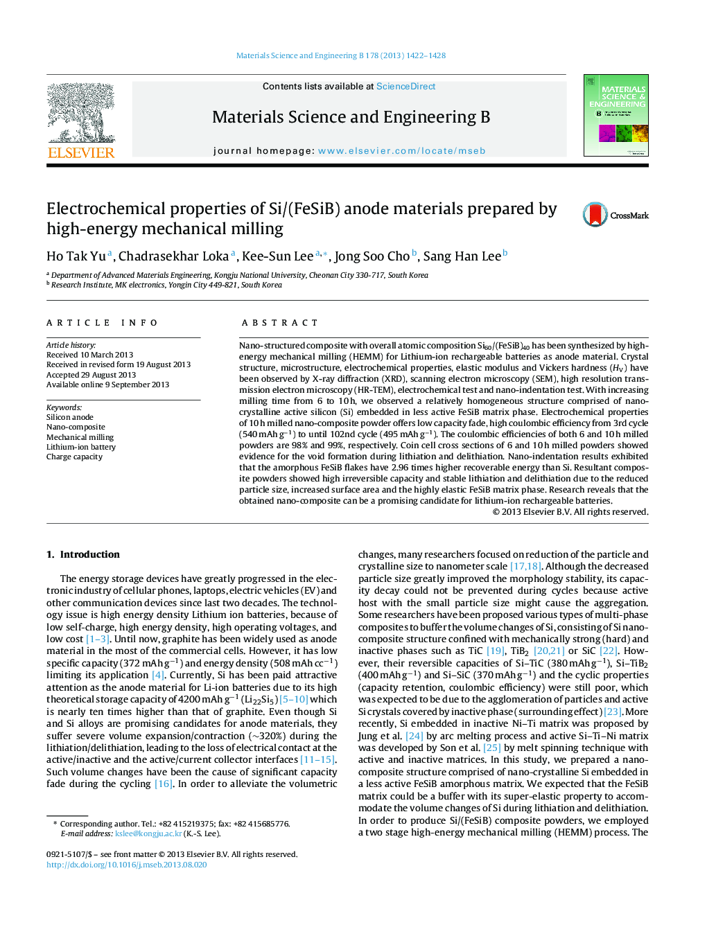 Electrochemical properties of Si/(FeSiB) anode materials prepared by high-energy mechanical milling