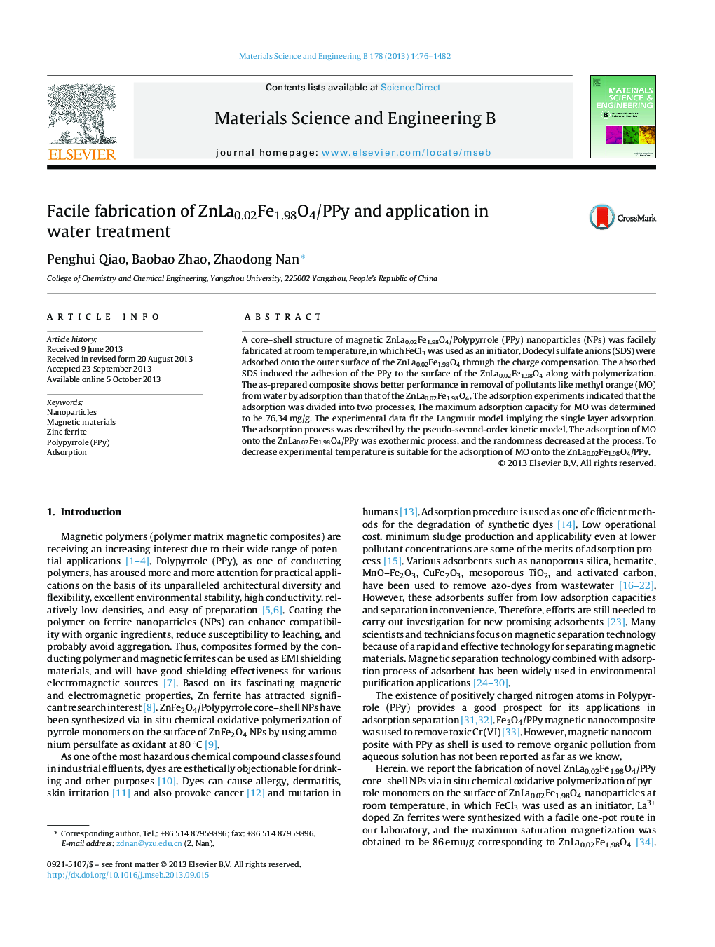 Facile fabrication of ZnLa0.02Fe1.98O4/PPy and application in water treatment