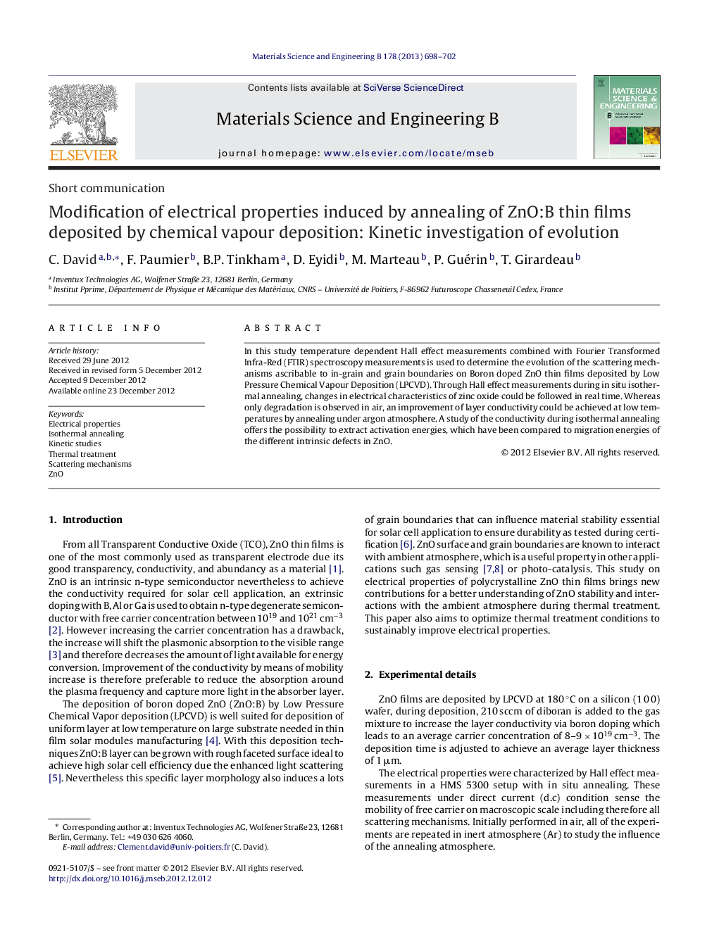 Modification of electrical properties induced by annealing of ZnO:B thin films deposited by chemical vapour deposition: Kinetic investigation of evolution