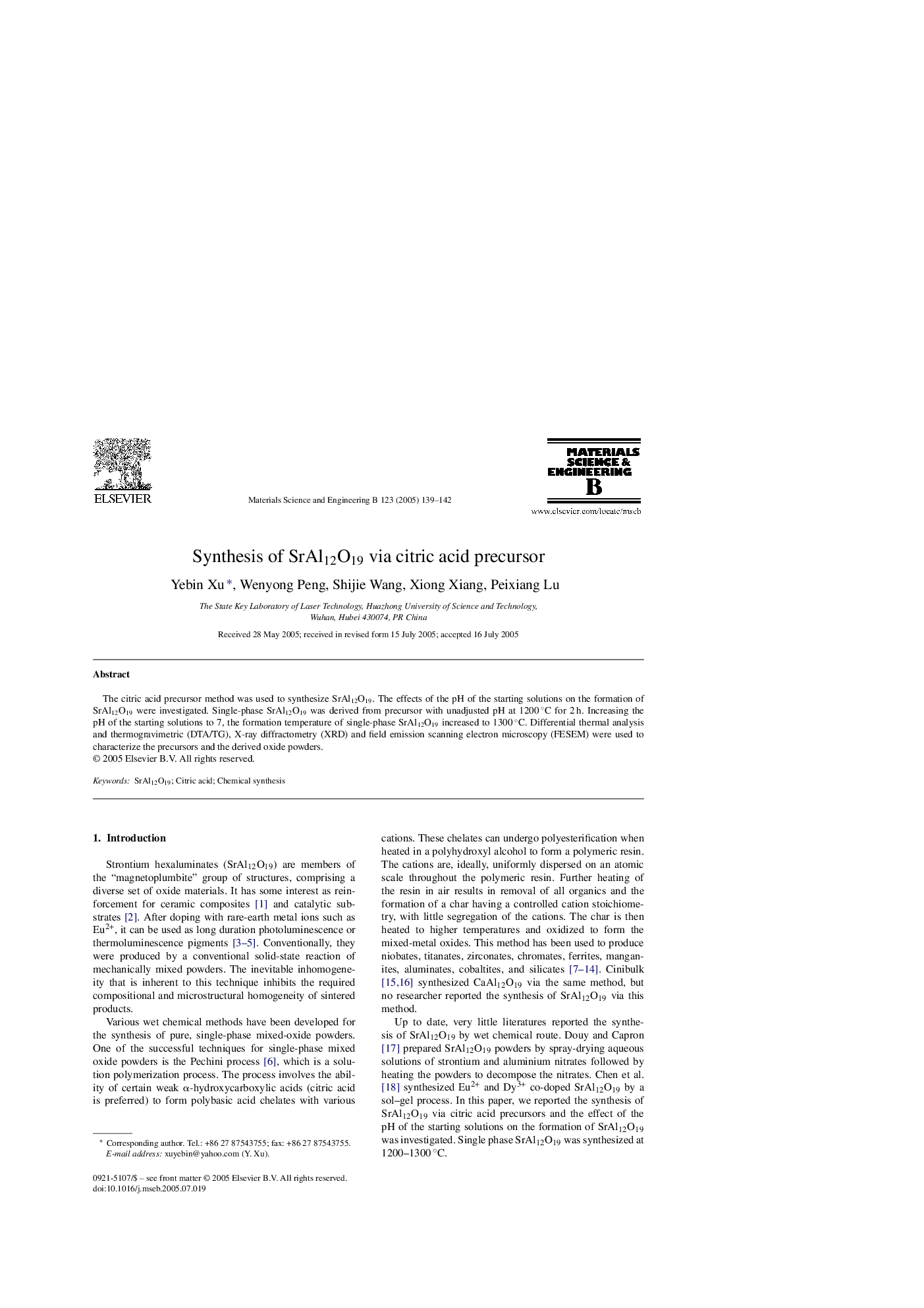 Synthesis of SrAl12O19 via citric acid precursor