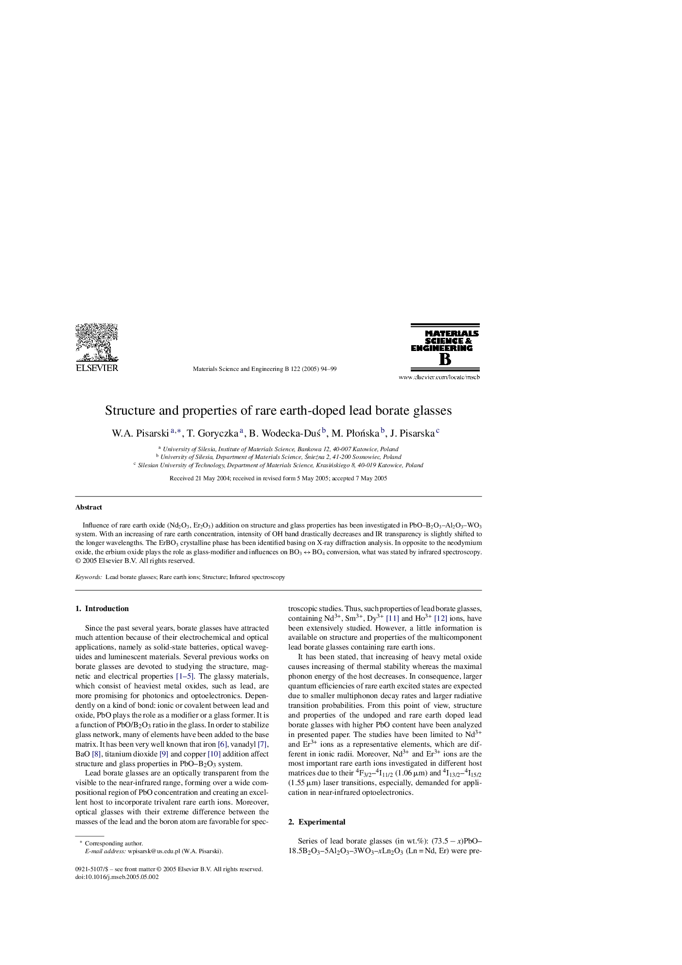 Structure and properties of rare earth-doped lead borate glasses