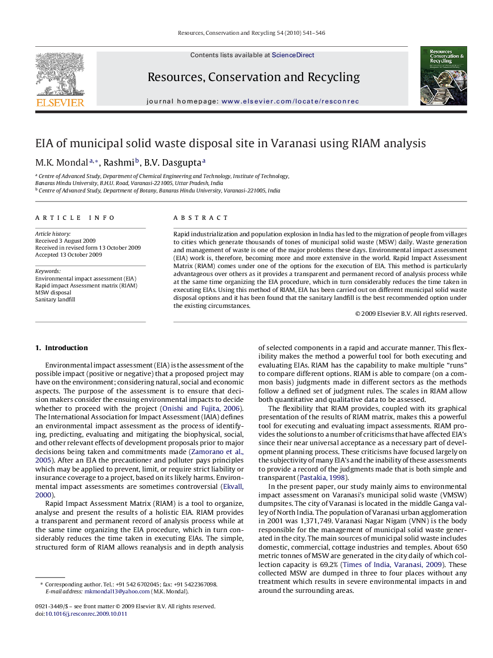 EIA of municipal solid waste disposal site in Varanasi using RIAM analysis