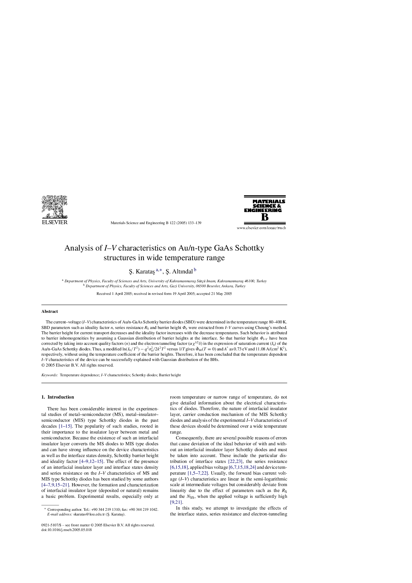 Analysis of I-V characteristics on Au/n-type GaAs Schottky structures in wide temperature range