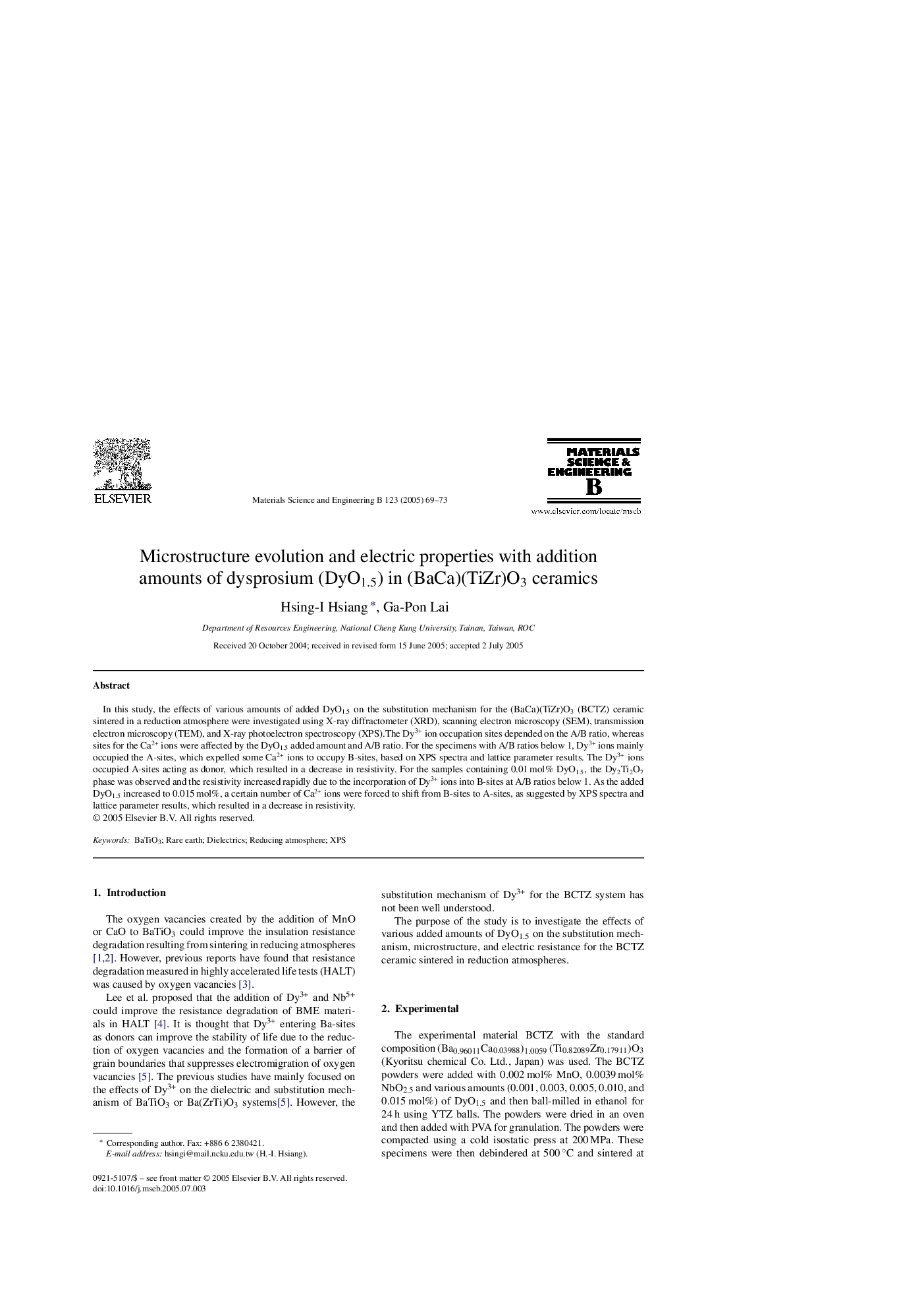 Microstructure evolution and electric properties with addition amounts of dysprosium (DyO1.5) in (BaCa)(TiZr)O3 ceramics