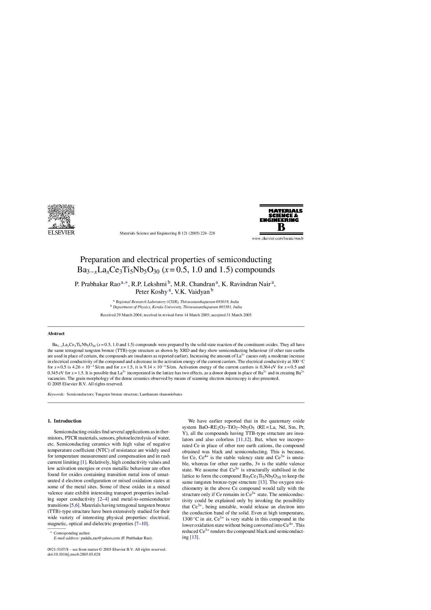 Preparation and electrical properties of semiconducting Ba3âxLaxCe3Ti5Nb5O30 (xÂ =Â 0.5, 1.0 and 1.5) compounds