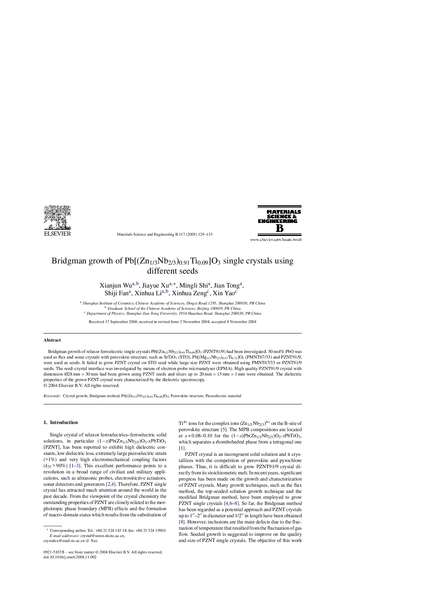 Bridgman growth of Pb[(Zn1/3Nb2/3)0.91Ti0.09]O3 single crystals using different seeds