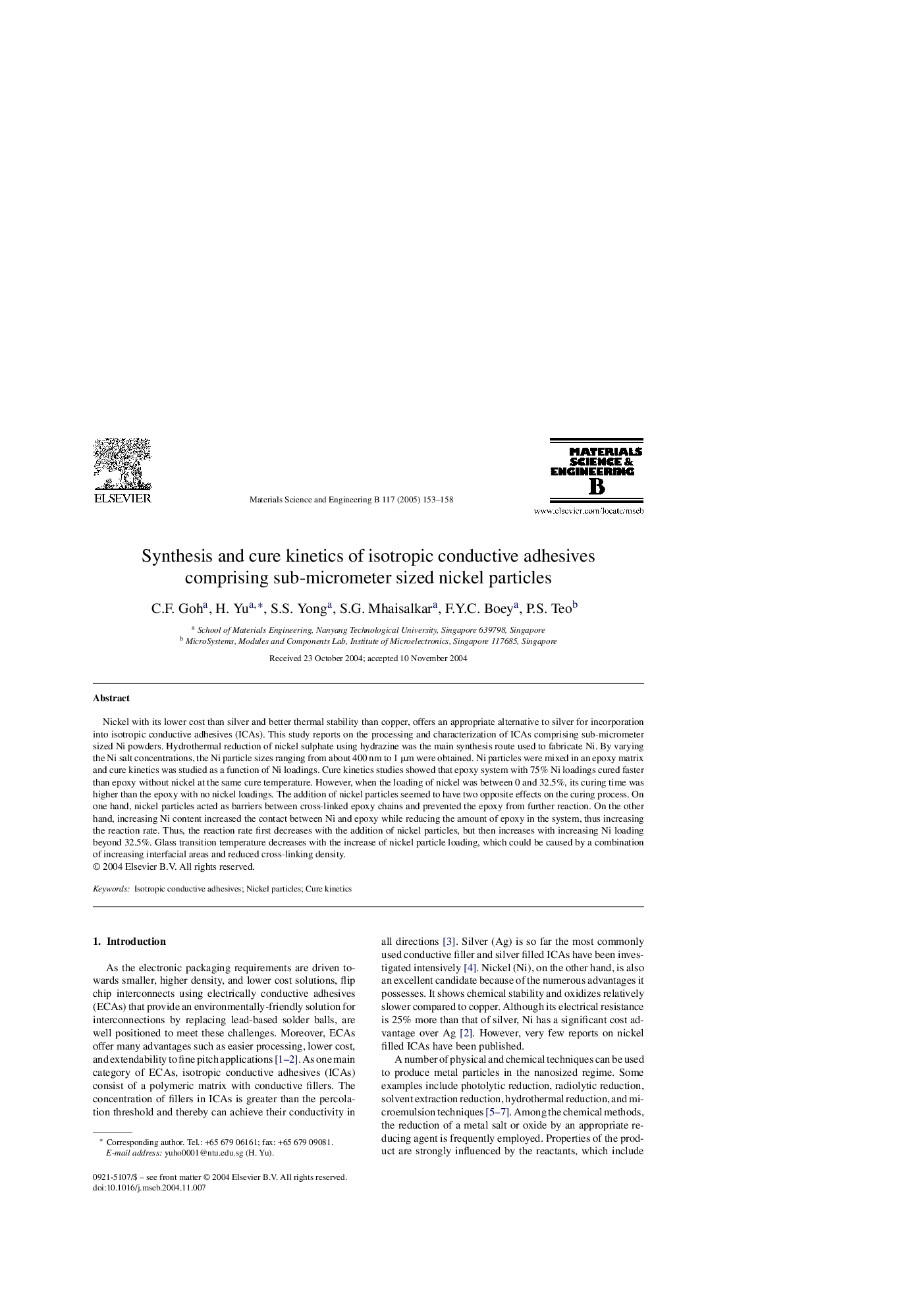 Synthesis and cure kinetics of isotropic conductive adhesives comprising sub-micrometer sized nickel particles