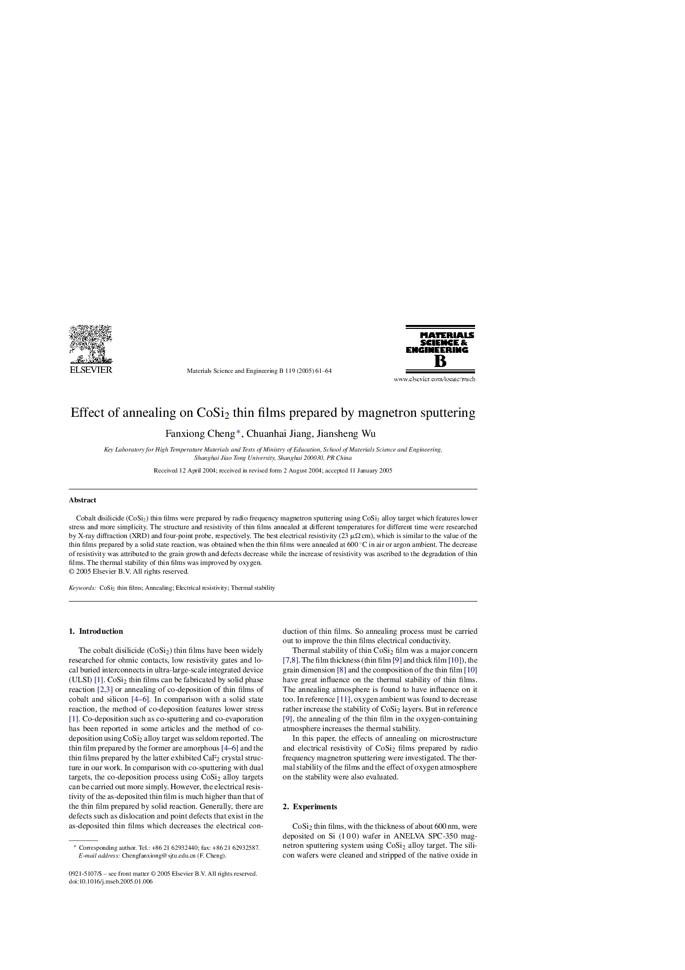 Effect of annealing on CoSi2 thin films prepared by magnetron sputtering