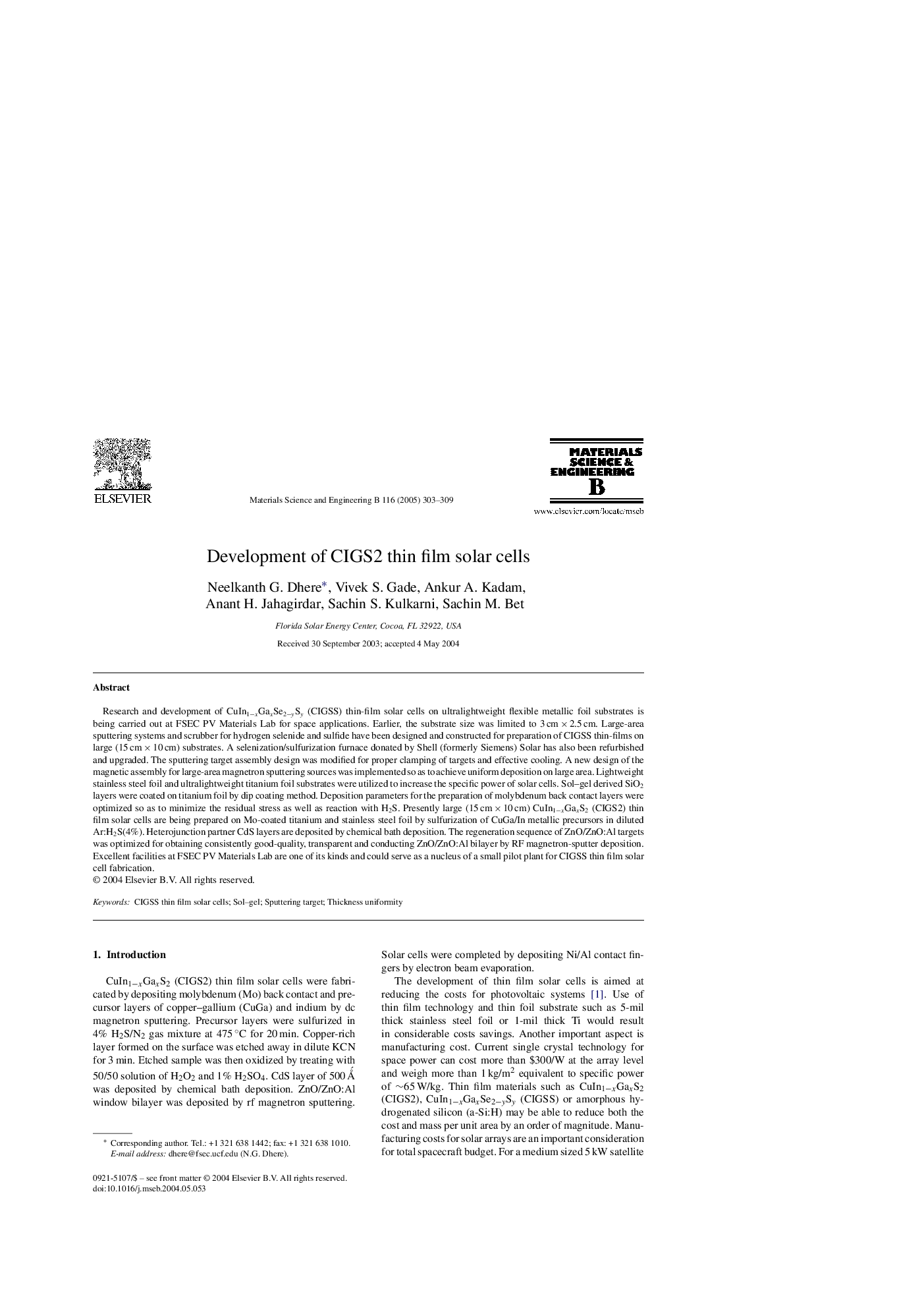 Development of CIGS2 thin film solar cells