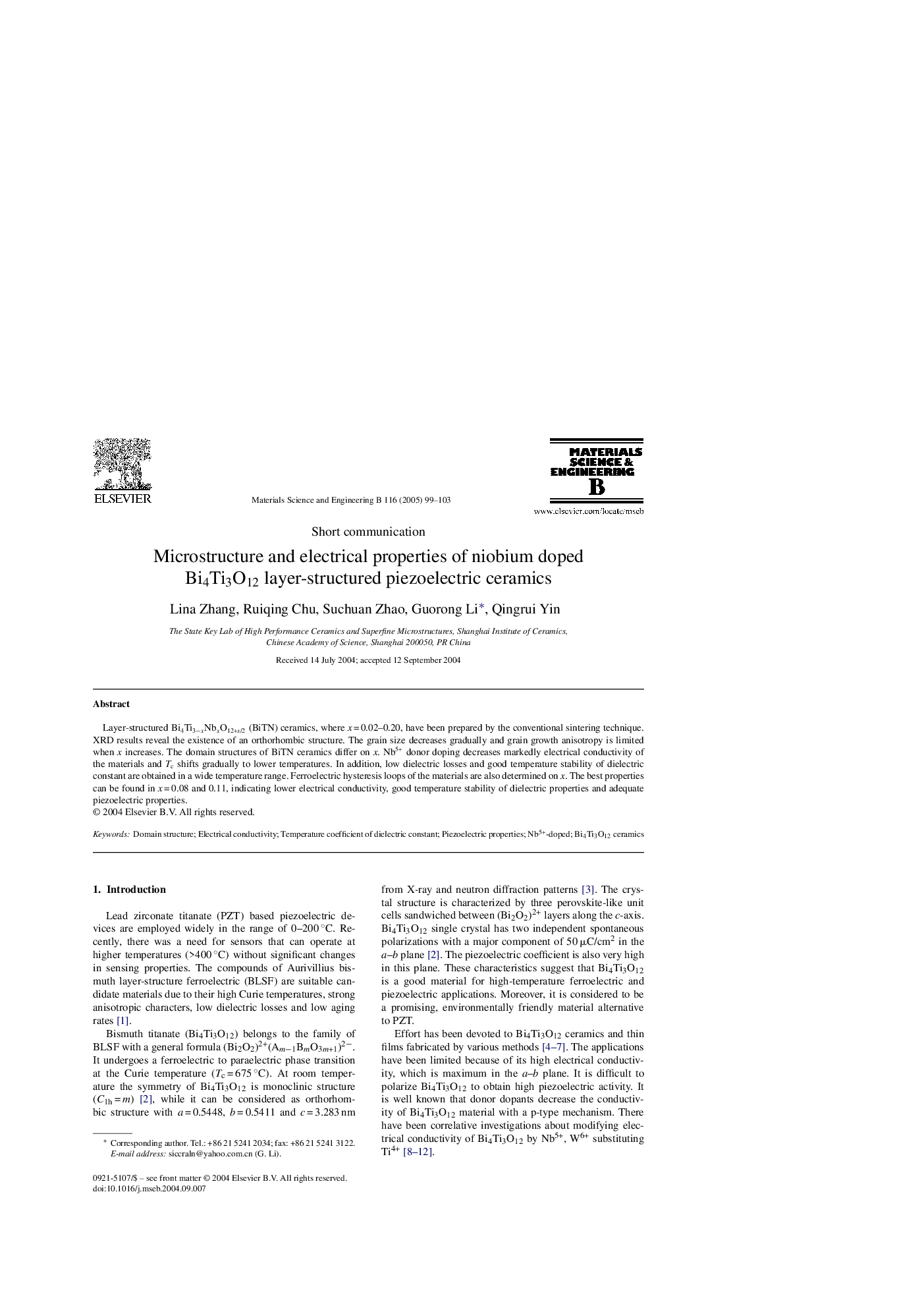 Microstructure and electrical properties of niobium doped Bi4Ti3O12 layer-structured piezoelectric ceramics