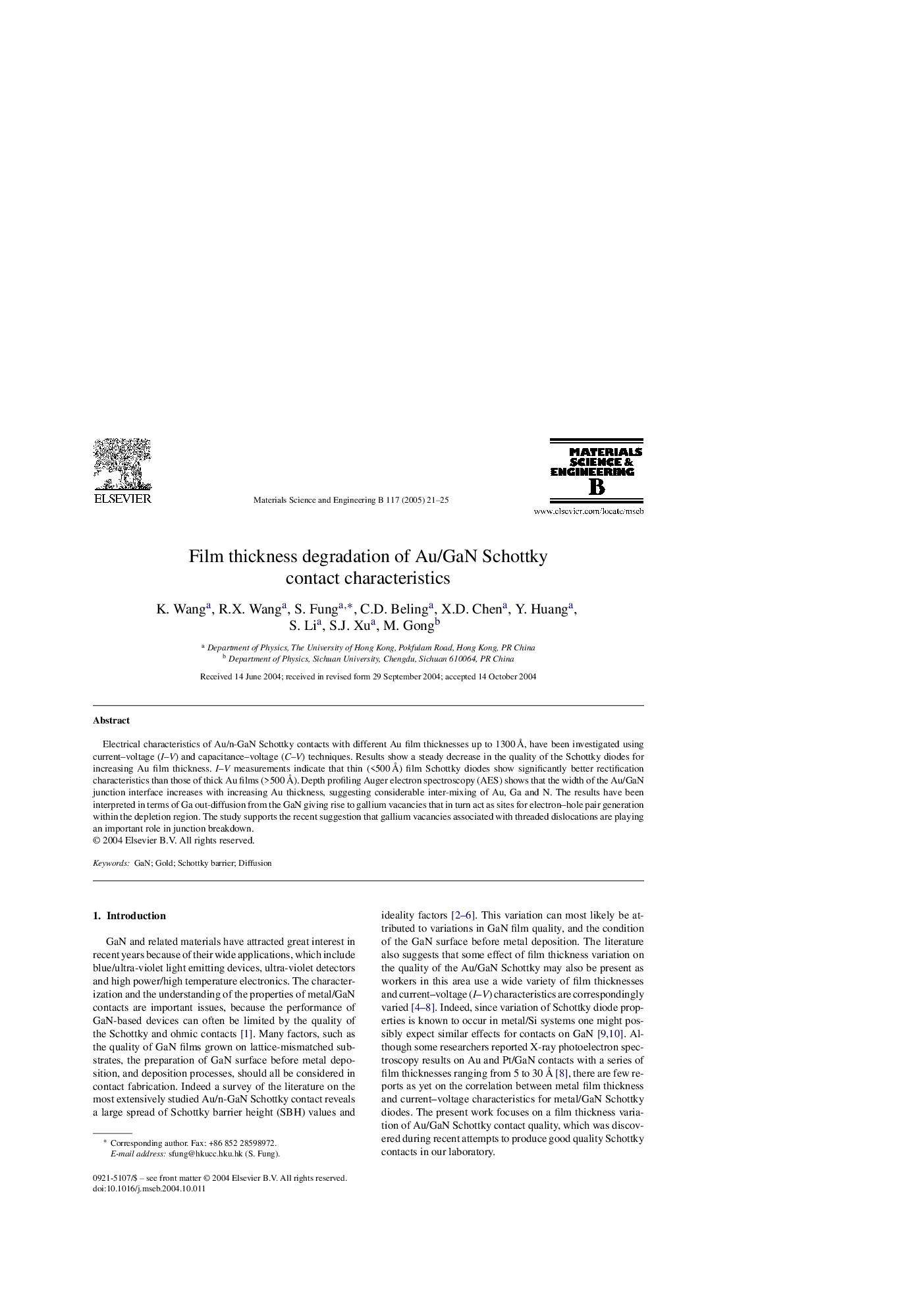 Film thickness degradation of Au/GaN Schottky contact characteristics