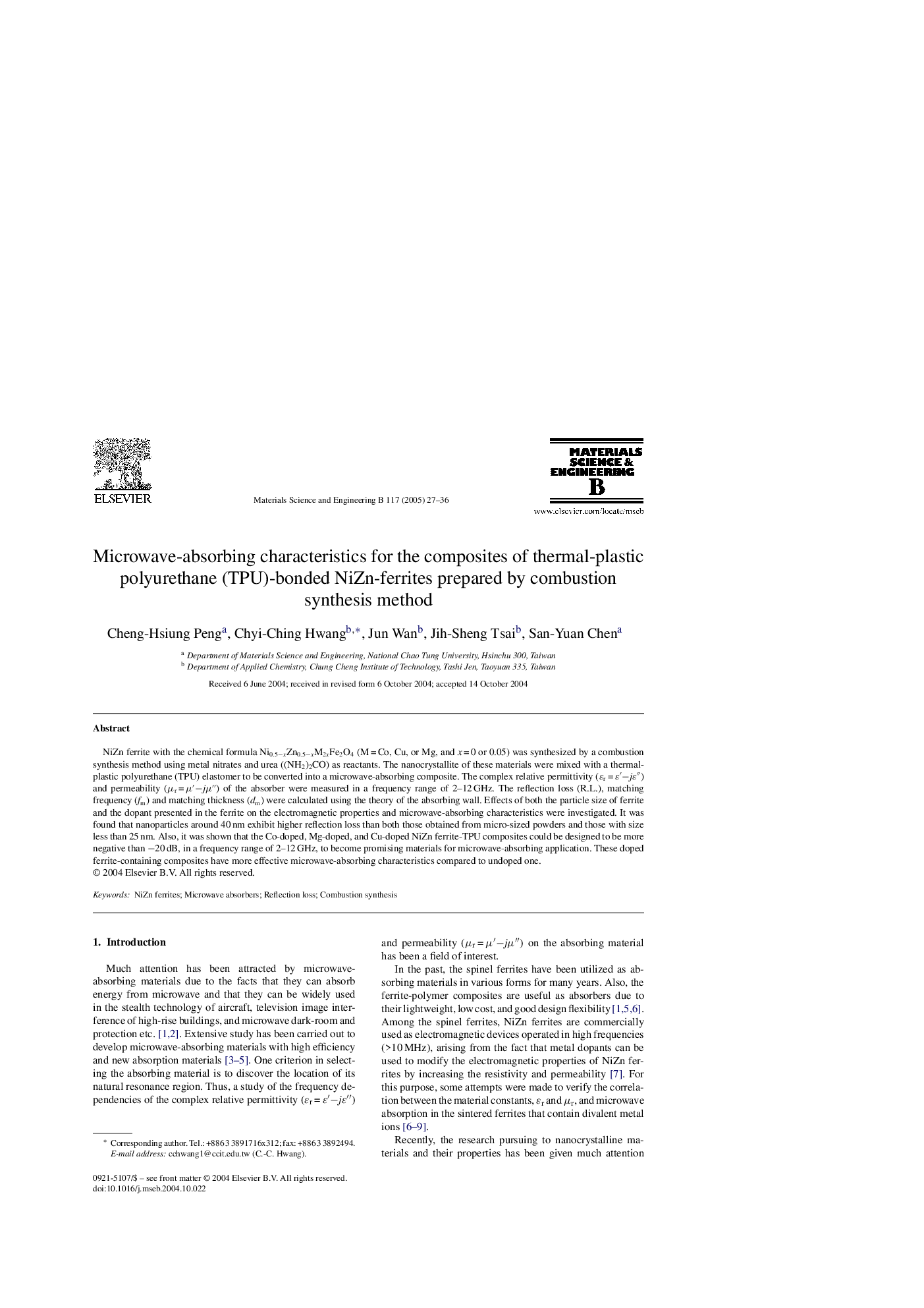 Microwave-absorbing characteristics for the composites of thermal-plastic polyurethane (TPU)-bonded NiZn-ferrites prepared by combustion synthesis method