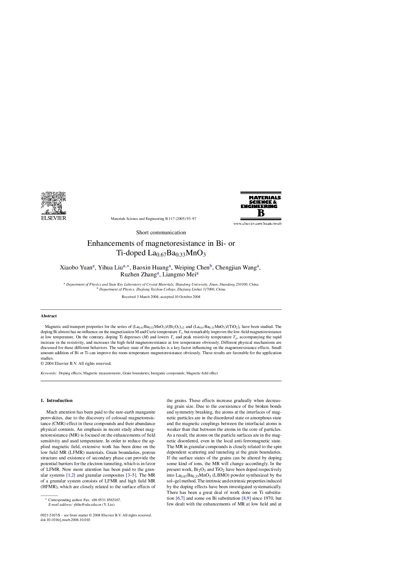 Enhancements of magnetoresistance in Bi- or Ti-doped La0.67Ba0.33MnO3