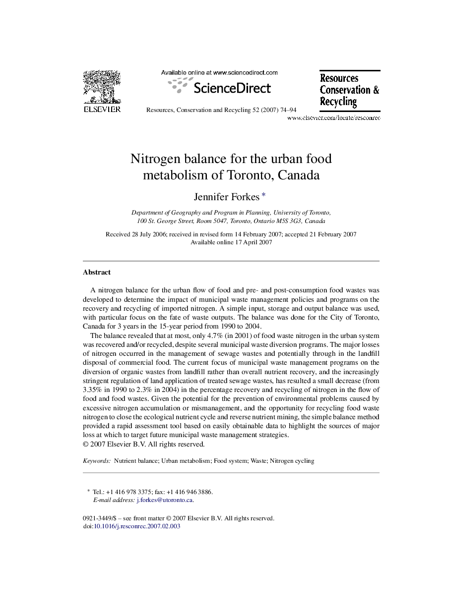 Nitrogen balance for the urban food metabolism of Toronto, Canada