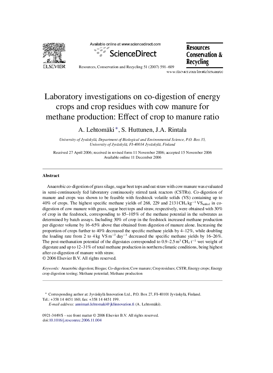 Laboratory investigations on co-digestion of energy crops and crop residues with cow manure for methane production: Effect of crop to manure ratio