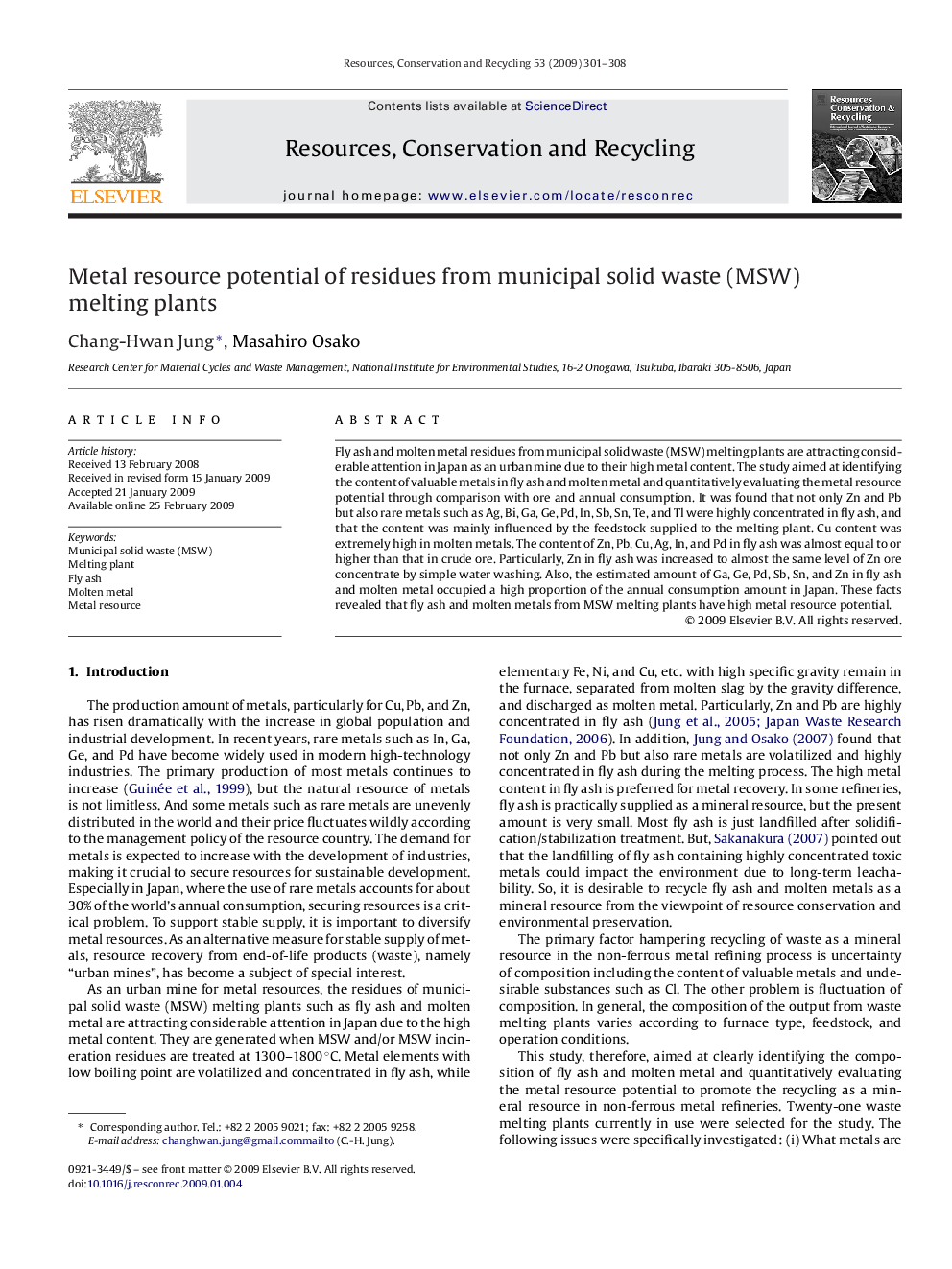 Metal resource potential of residues from municipal solid waste (MSW) melting plants