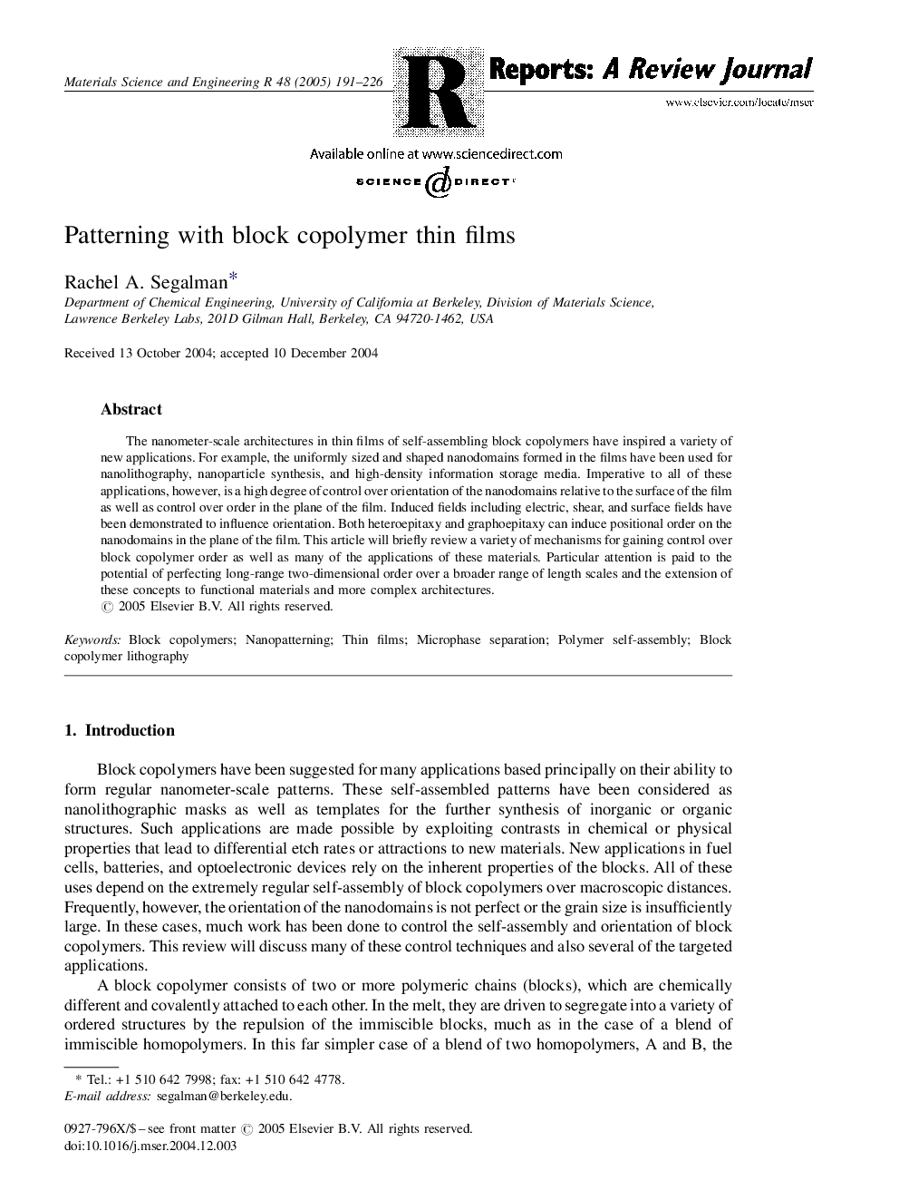 Patterning with block copolymer thin films