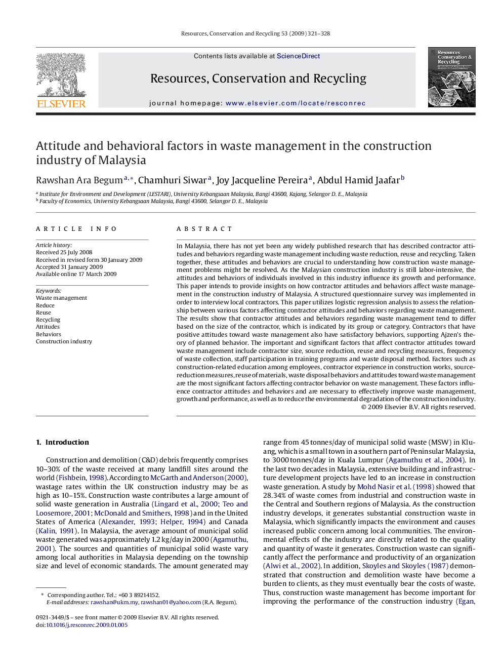 Attitude and behavioral factors in waste management in the construction industry of Malaysia