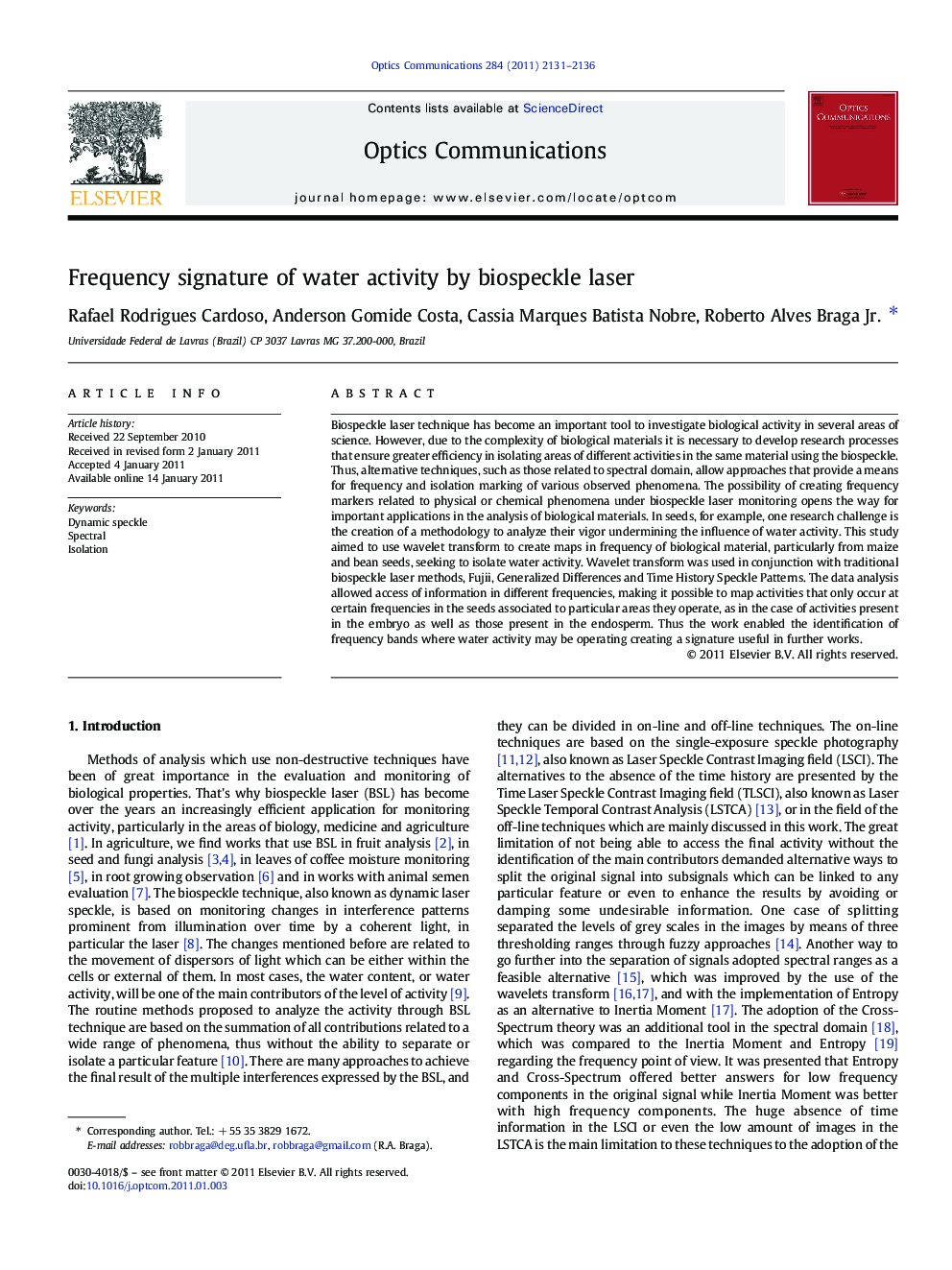 Frequency signature of water activity by biospeckle laser