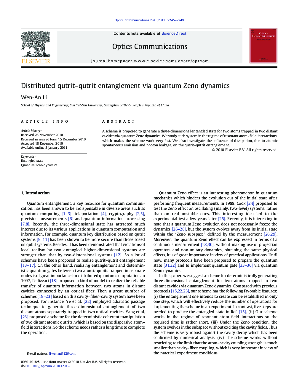 Distributed qutrit-qutrit entanglement via quantum Zeno dynamics