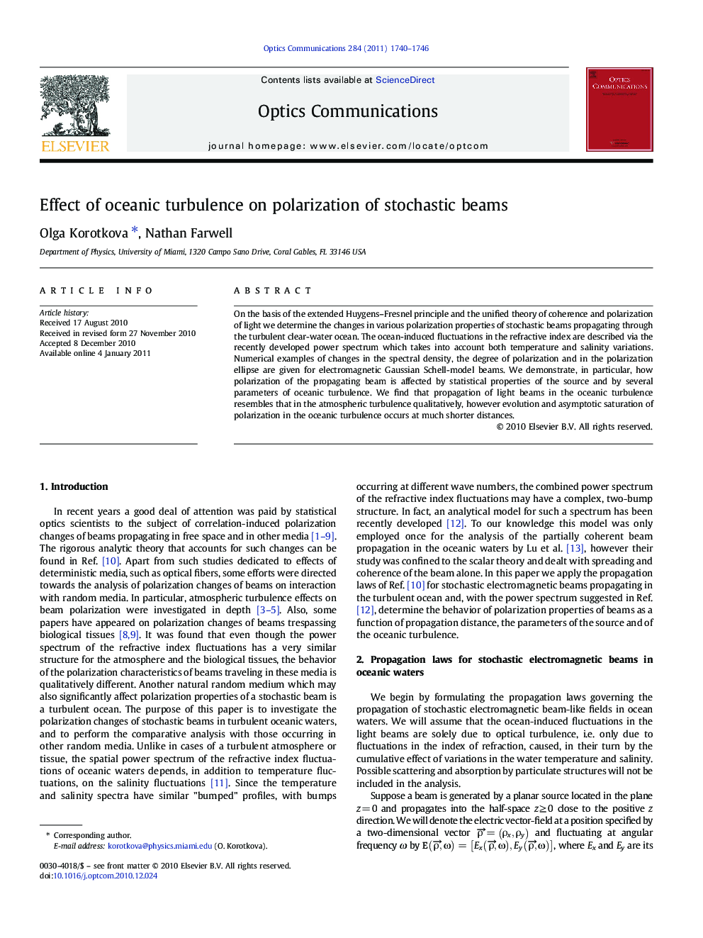 عکس صفحه اول مقاله: Effect of oceanic turbulence on polarization of stochastic beams Effect of oceanic turbulence on polarization of stochastic beams