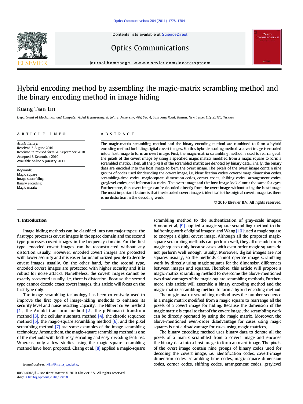 Hybrid encoding method by assembling the magic-matrix scrambling method and the binary encoding method in image hiding