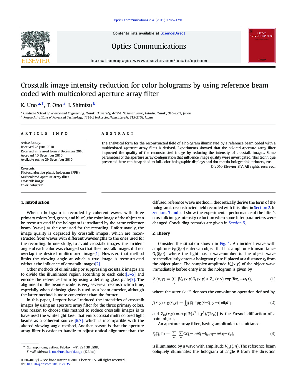 عکس صفحه اول مقاله: Crosstalk image intensity reduction for color holograms by using reference beam coded with multicolored aperture array filter Crosstalk image intensity reduction for color holograms by using reference beam coded with multicolored aperture array filter