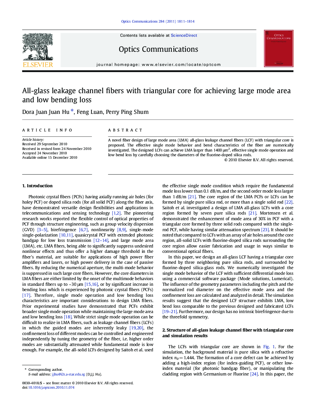 عکس صفحه اول مقاله: All-glass leakage channel fibers with triangular core for achieving large mode area and low bending loss All-glass leakage channel fibers with triangular core for achieving large mode area and low bending loss